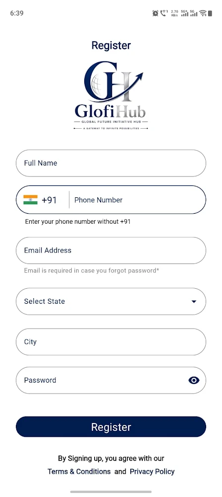Glofihub One app — Register screen