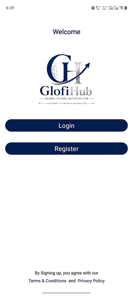 Glofihub One app — Welcome screen